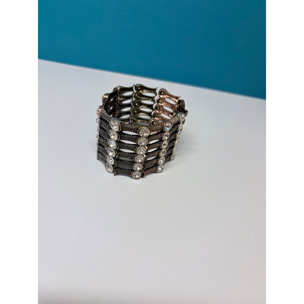 Vintage Style Rhinestone Stretch Cuff Bracelet Gunmetal Bronze Statement